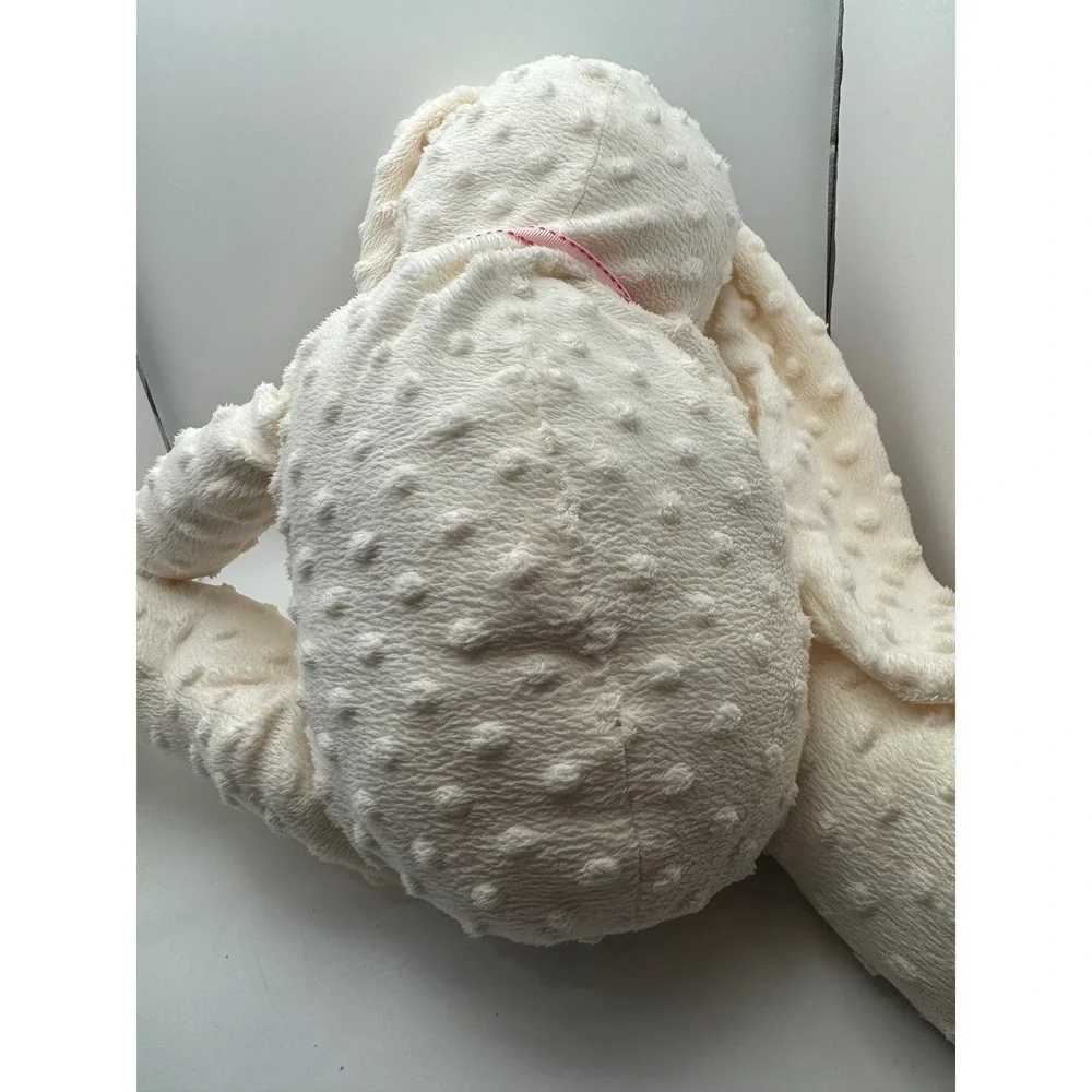Cream Textured Bunny Rabbit Plush Stuffed Animal Pink Ribbon‎ Accent